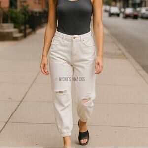 White High Rise Distressed Jogger Jeans Straight Leg Elastic Cuff Size 26